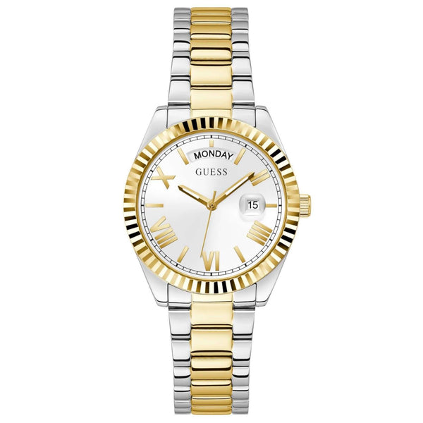 υναικείο ρολόι Guess Luna GW0308L6 με δίχρωμο μπρασελέ από ανακυκλωμένο ανοξείδωτο ατσάλι σε ασημί και χρυσό χρώμα, ασημί καντράν 36mm και ενδείξεις ημέρας και ημερομηνίας.
