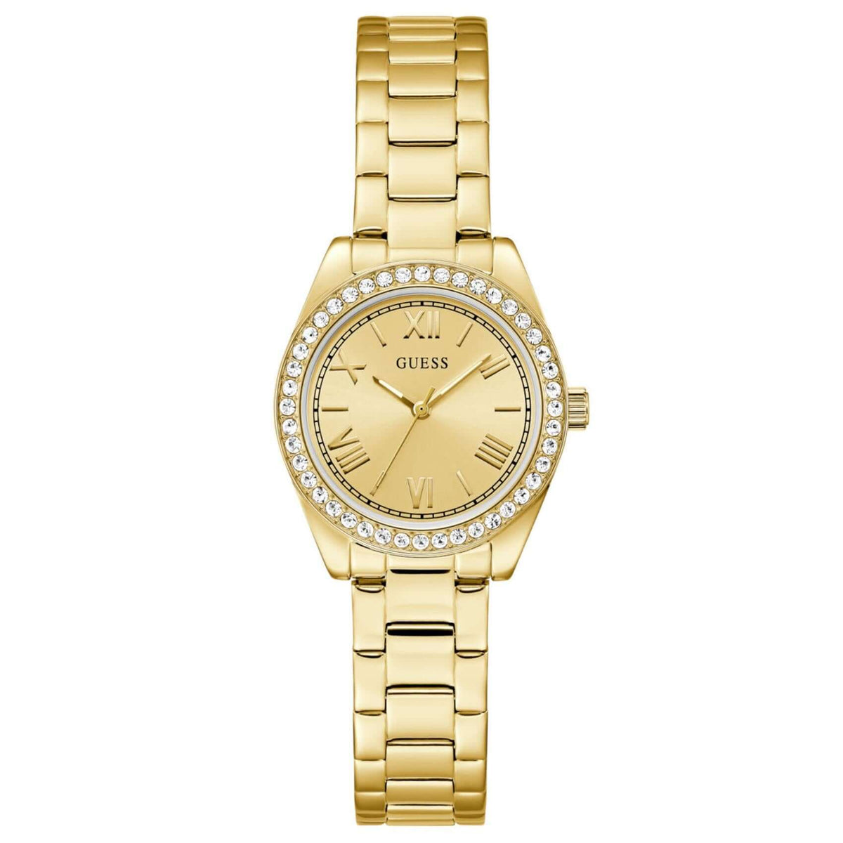 Γυναικείο ρολόι Guess Mini Luna GW0841L7 με χρυσό μπρασελέ από ανακυκλωμένο ανοξείδωτο ατσάλι, χρυσό καντράν 30mm και στεφάνη με ζιργκόν.