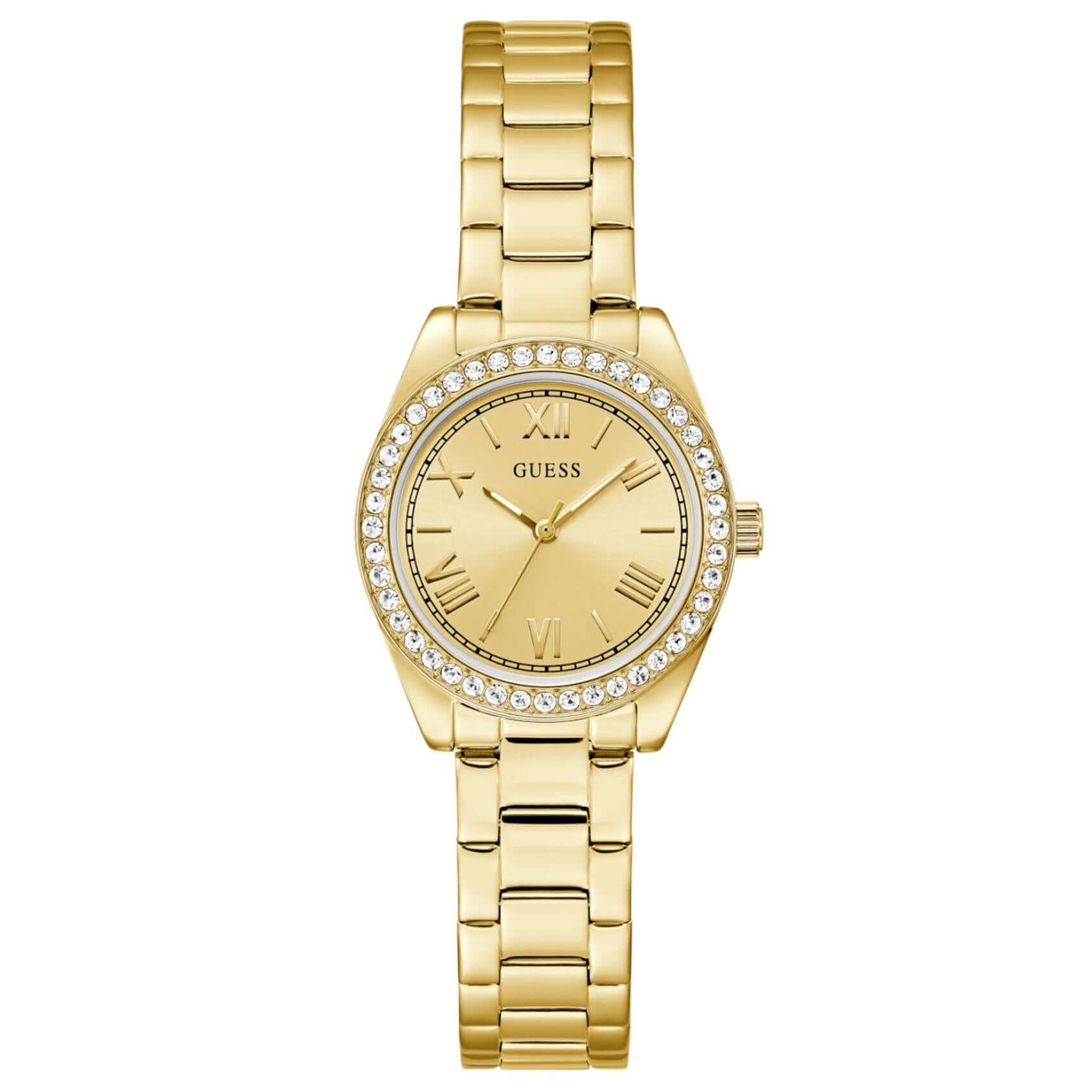 Γυναικείο ρολόι Guess Mini Luna GW0841L7 με χρυσό μπρασελέ από ανακυκλωμένο ανοξείδωτο ατσάλι, χρυσό καντράν 30mm και στεφάνη με ζιργκόν.