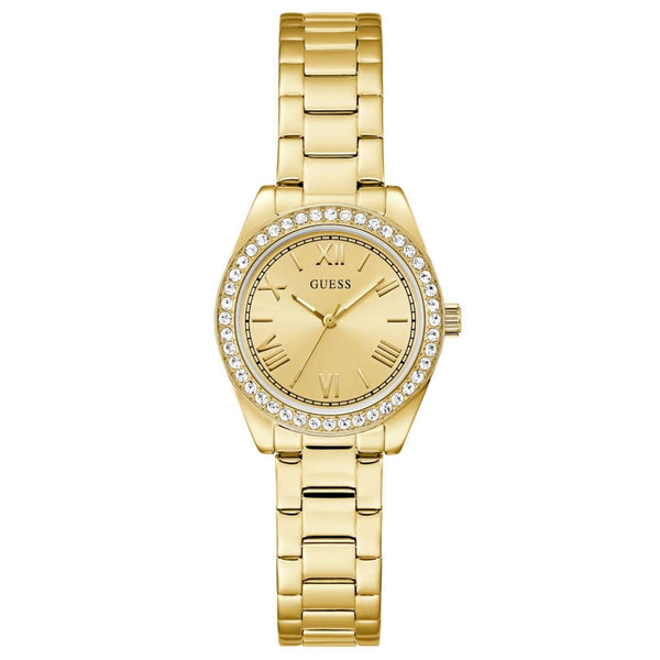 Γυναικείο ρολόι Guess Mini Luna GW0841L7 με χρυσό μπρασελέ από ανακυκλωμένο ανοξείδωτο ατσάλι, χρυσό καντράν 30mm και στεφάνη με ζιργκόν.