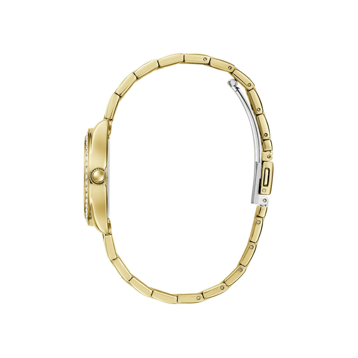 Χρυσό μπρασελέ του γυναικείου ρολογιού Guess Mini Luna GW0841L7 από ανακυκλωμένο ανοξείδωτο ατσάλι με κούμπωμα ασφαλείας.