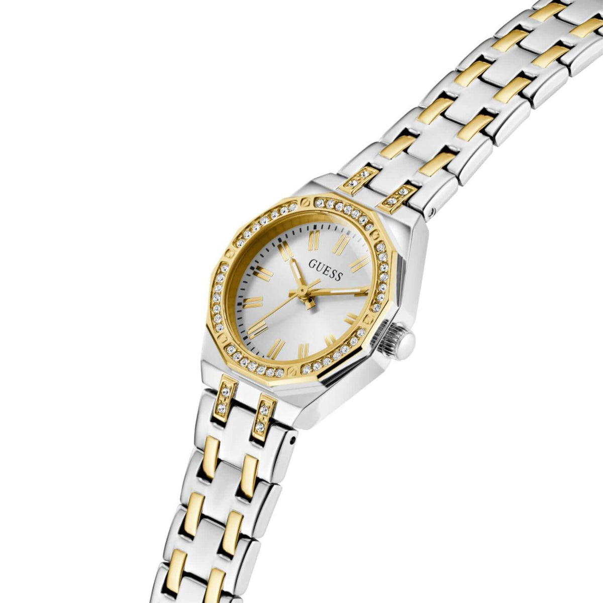 Ασημί καντράν 25mm του γυναικείου ρολογιού Guess Pixie GW0931L3 με χρυσές λεπτομέρειες, ζιργκόν και ορυκτό κρύσταλλο ειδικής σκλήρυνσης.