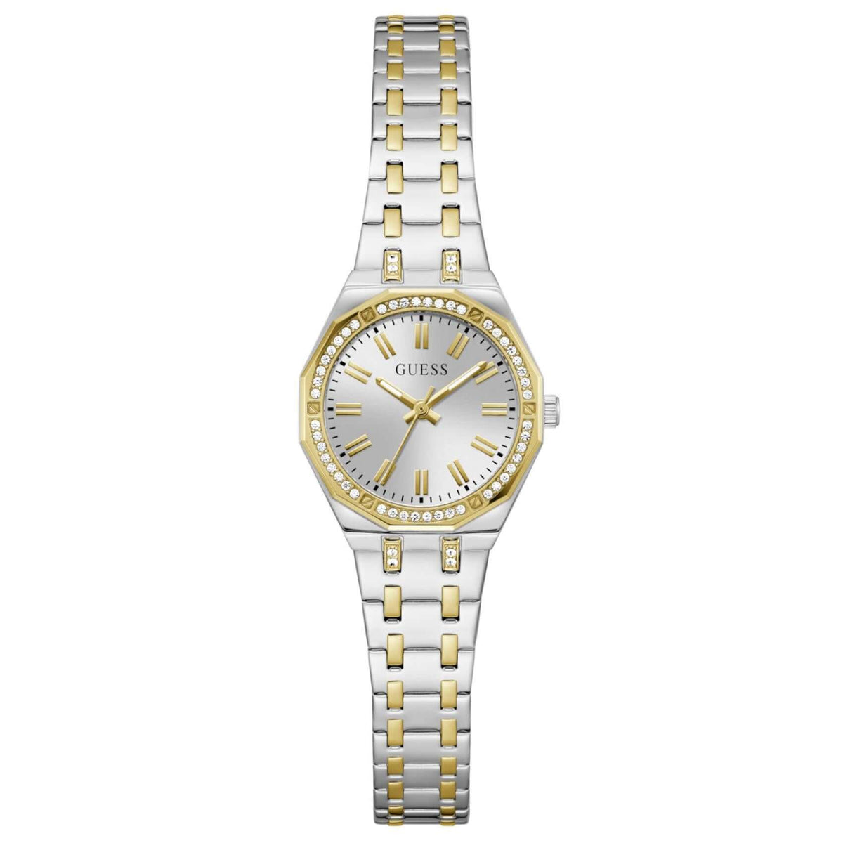 Γυναικείο ρολόι Guess Pixie GW0931L3 με δίχρωμο μπρασελέ από ανακυκλωμένο ανοξείδωτο ατσάλι σε ασημί και χρυσό χρώμα, ασημί καντράν 25mm και στεφάνη με ζιργκόν.