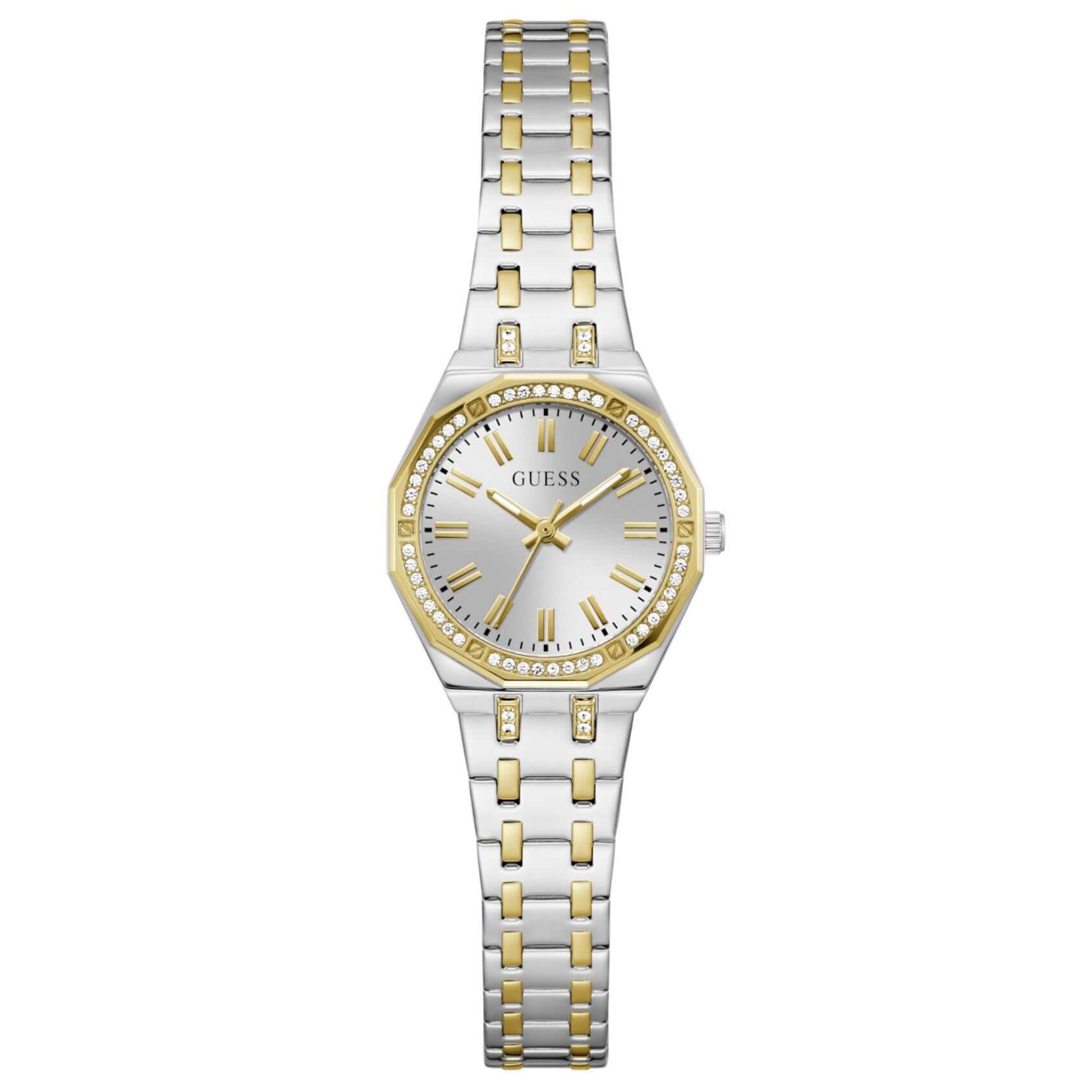 Γυναικείο ρολόι Guess Pixie GW0931L3 με δίχρωμο μπρασελέ από ανακυκλωμένο ανοξείδωτο ατσάλι σε ασημί και χρυσό χρώμα, ασημί καντράν 25mm και στεφάνη με ζιργκόν.