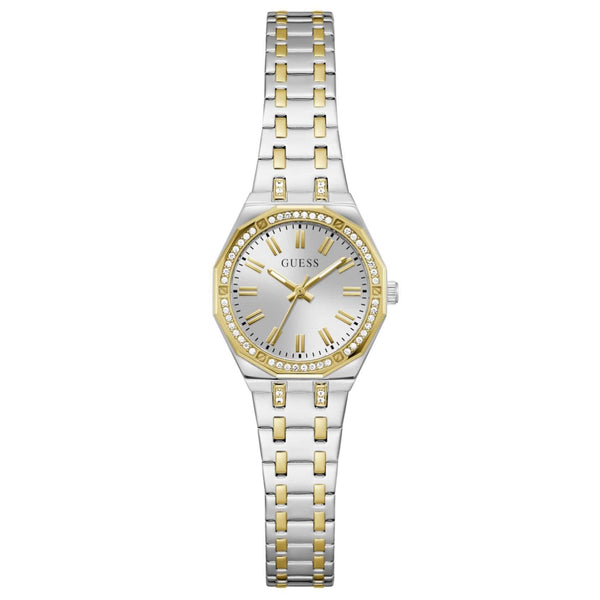 Γυναικείο ρολόι Guess Pixie GW0931L3 με δίχρωμο μπρασελέ από ανακυκλωμένο ανοξείδωτο ατσάλι σε ασημί και χρυσό χρώμα, ασημί καντράν 25mm και στεφάνη με ζιργκόν.
