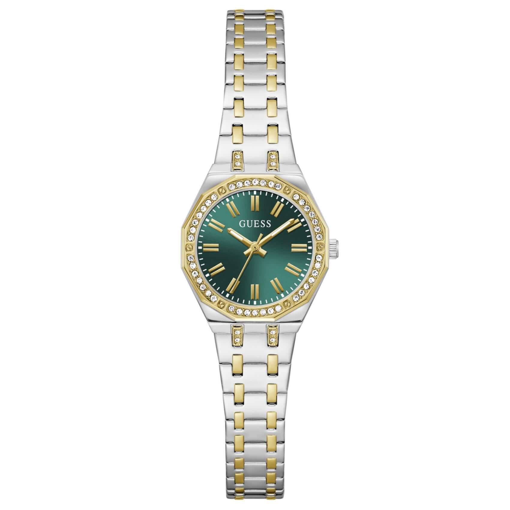 Γυναικείο ρολόι Guess Pixie GW0931L8 με δίχρωμο μπρασελέ από ανακυκλωμένο ανοξείδωτο ατσάλι σε ασημί και χρυσό χρώμα, πράσινο καντράν 25mm και στεφάνη με ζιργκόν.