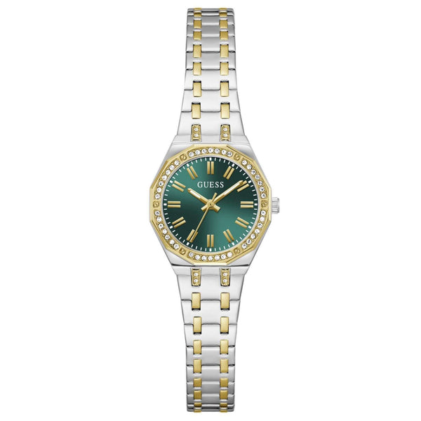 Γυναικείο ρολόι Guess Pixie GW0931L8 με δίχρωμο μπρασελέ από ανακυκλωμένο ανοξείδωτο ατσάλι σε ασημί και χρυσό χρώμα, πράσινο καντράν 25mm και στεφάνη με ζιργκόν.