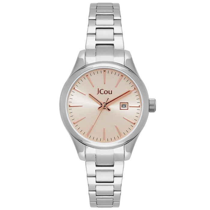 Γυναικείο ρολόι JCOU Aphrodite JU19051-5 με ασημί ατσάλινο μπρασελέ, κρεμ καντράν και χρυσή κάσα, όψη από μπροστά.