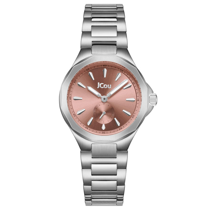 Γυναικείο ρολόι JCOU Aurelia JU19078-1 με ασημί μπρασελέ και ροζ καντράν, μπροστινή όψη.