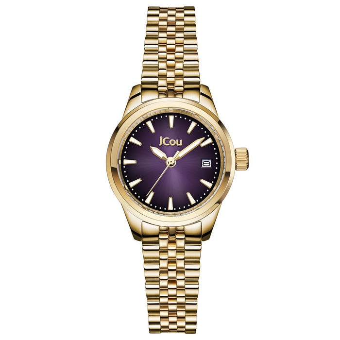 Γυναικείο ρολόι JCOU Calisti JU19079-6 με χρυσό μπρασελέ και μωβ καντράν,  ένδειξη ημερομηνίας, μπροστινή όψη.