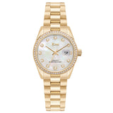 Γυναικείο ρολόι JCOU Iris JU19082-4 με χρυσό ατσάλινο μπρασελέ και άσπρο φίλντισι καντράν διακοσμημένο με ζιργκόν, μπροστινή όψη.