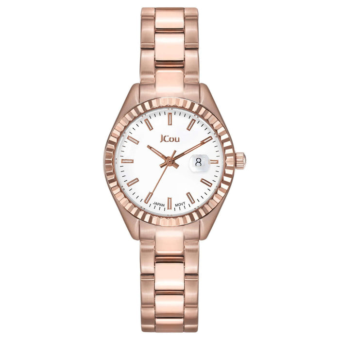 Γυναικείο ρολόι JCOU Queen's Petit JU18035-1A με ροζ χρυσό ατσάλινο μπρασελέ και λευκό καντράν, όψη από μπροστά.