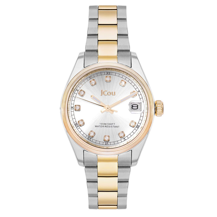 Γυναικείο ρολόι JCOU Serenity JU19068-6 με ασημί-χρυσό μπρασελέ και ασημί φίλντισι καντράν, μπροστινή όψη.