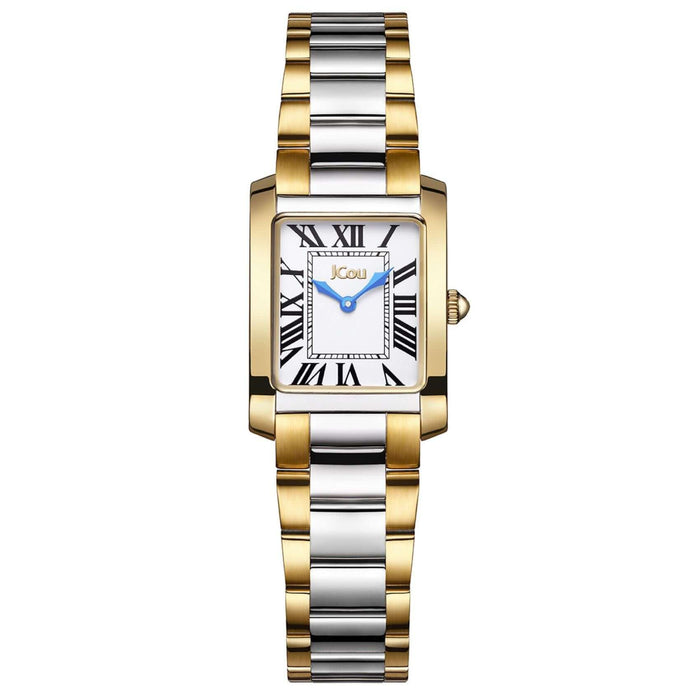 Γυναικείο ρολόι JCOU Sierra JU19080-2 με δίχρωμο ασημί-χρυσό ατσάλινο μπρασελέ και τετράγωνο άσπρο καντράν διαστάσεων 22mm.