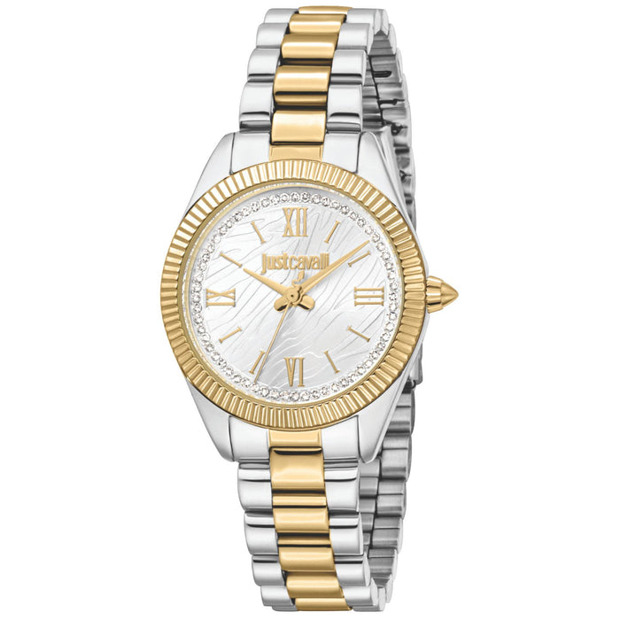 υναικείο ρολόι Just Cavalli Amabile JC1L388M0095 με δίχρωμο ασημί-χρυσό μπρασελέ από ανοξείδωτο ατσάλι, ασημί καντράν διαμέτρου 30mm και λαμπερά ζιργκόν.