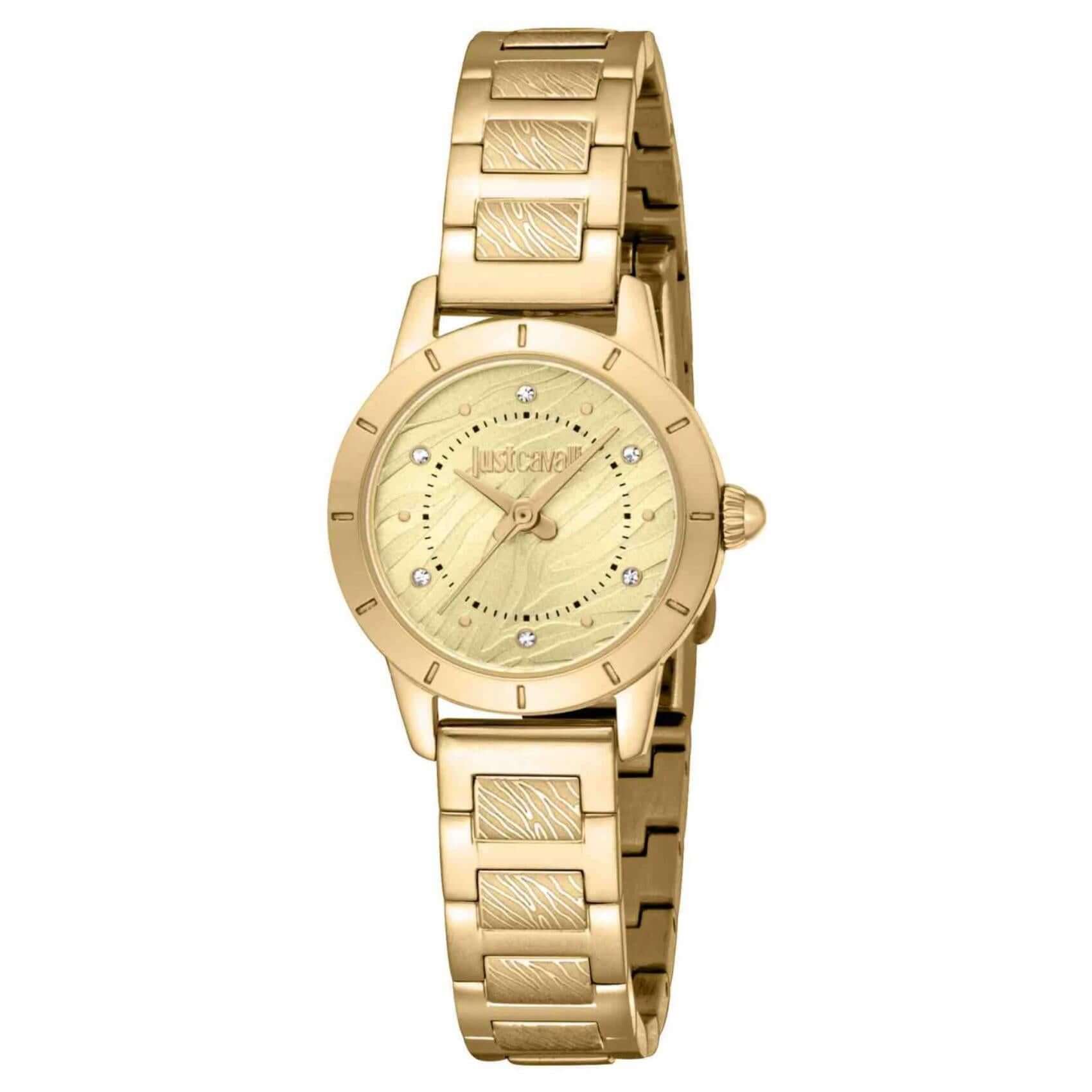 Γυναικείο ρολόι Just Cavalli JC1L412M0055 με χρυσό μπρασελέ από ανοξείδωτο ατσάλι, χρυσό καντράν διαμέτρου 26mm και λαμπερά ζιργκόν.