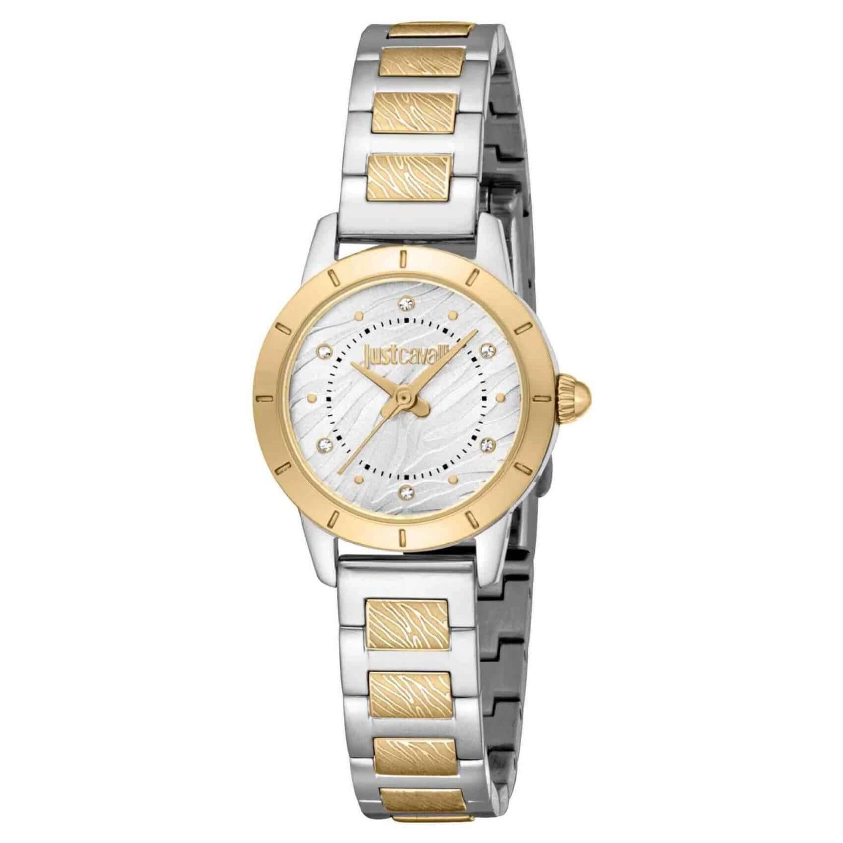 Γυναικείο ρολόι Just Cavalli JC1L412M0075 με δίχρωμο ασημί-χρυσό μπρασελέ από ανοξείδωτο ατσάλι, ασημί καντράν διαμέτρου 26mm και λαμπερά ζιργκόν.