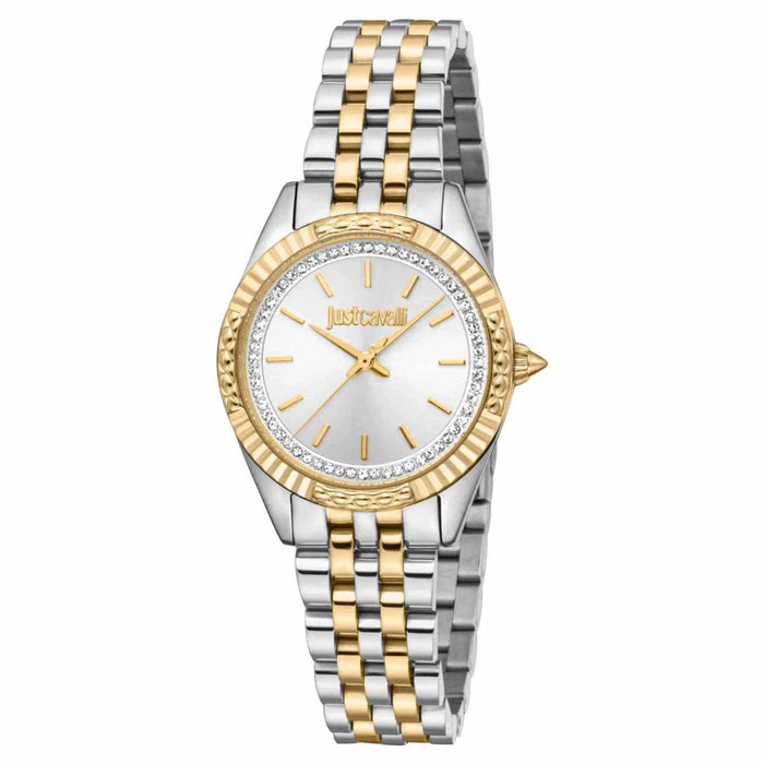 Γυναικείο ρολόι Just Cavalli Lucente JC1L382M0085 με δίχρωμο ασημί-χρυσό ατσάλινο μπρασελέ, ασημί καντράν διαμέτρου 28mm και λαμπερά ζιργκόν.