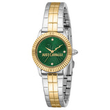 Γυναικείο ρολόι Just Cavalli Mini Raffinata JC1L328M0085 με δίχρωμο ασημί-χρυσό μπρασελέ από ανοξείδωτο ατσάλι, πράσινο καντράν διαμέτρου 26mm και λαμπερά ζιργκόν.