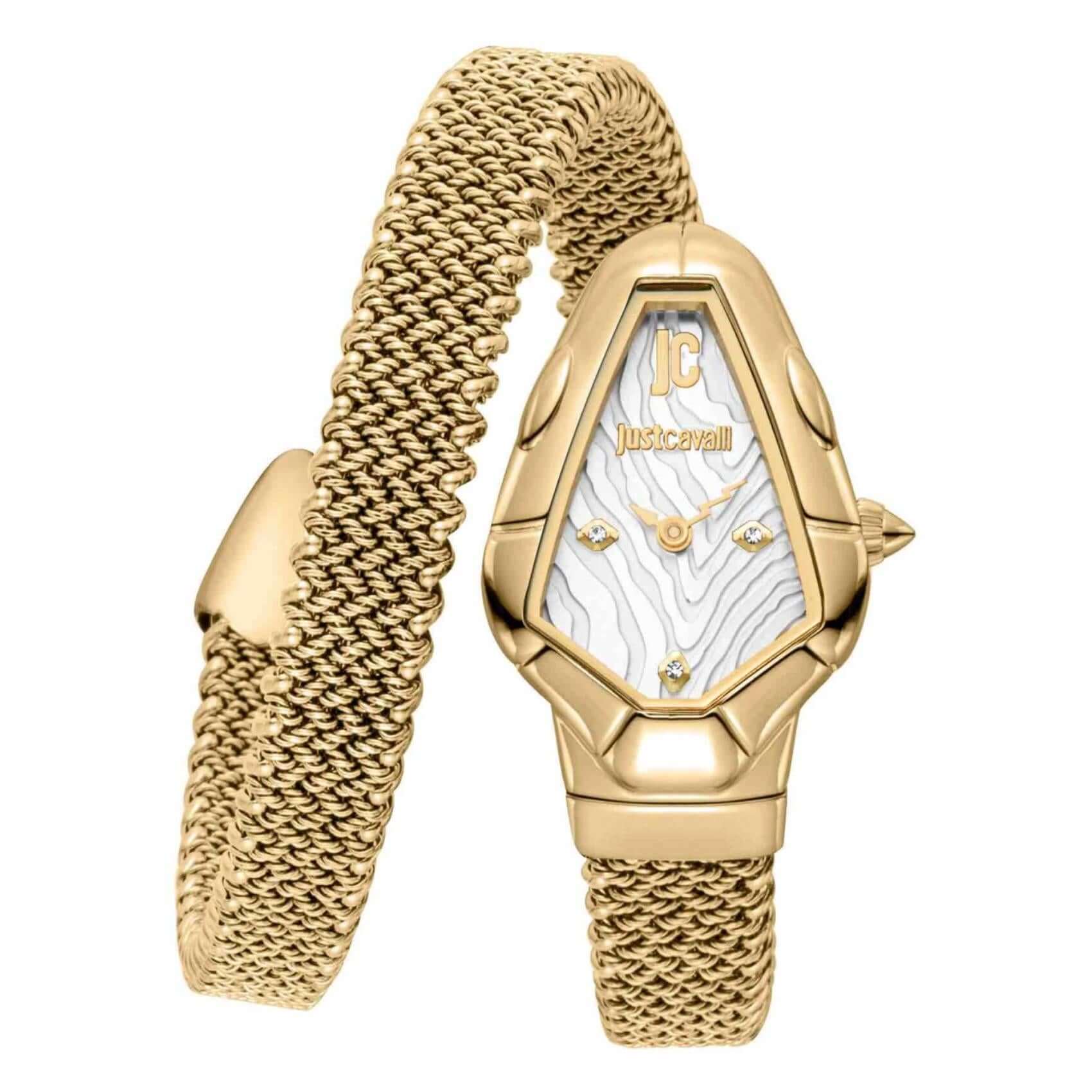 Γυναικείο ρολόι Just Cavalli Signature Snake Fiamma JC1L426M0025 με χρυσό μπρασελέ από ανοξείδωτο ατσάλι, ασημί εξάγωνο καντράν μεγέθους 21x32.5mm και λαμπερά ζιργκόν.