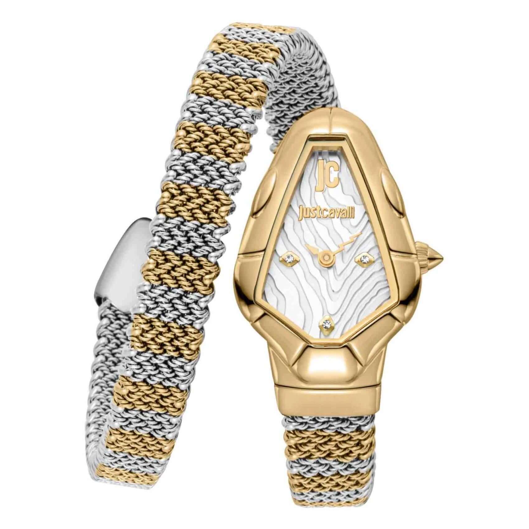 Γυναικείο ρολόι Just Cavalli Signature Snake Fiamma JC1L426M0055 με δίχρωμο ασημί-χρυσό μπρασελέ από ανοξείδωτο ατσάλι, ασημί εξάγωνο καντράν μεγέθους 21x32.5mm και λαμπερά ζιργκόν.