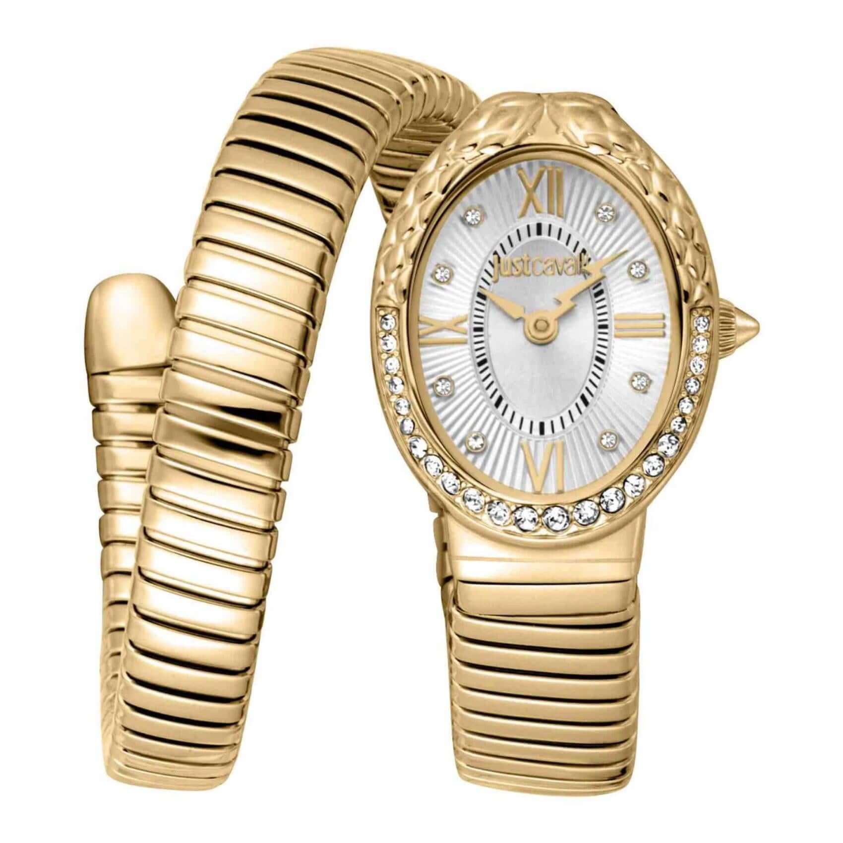 Γυναικείο ρολόι Just Cavalli Signature Snake Fiore JC1L390M0025 με χρυσό μπρασελέ από ανοξείδωτο ατσάλι, ασημί οβάλ καντράν μεγέθους 22x31mm και χρυσή στεφάνη με λαμπερά ζιργκόν και φίδι.