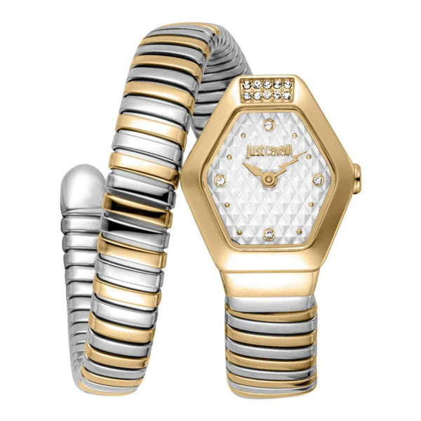 Γυναικείο ρολόι Just Cavalli Signature Snake Splora JC1L394M0055 με δίχρωμο ασημί-χρυσό μπρασελέ από ανοξείδωτο ατσάλι, ασημί εξάγωνο καντράν μεγέθους 22.5x28.5mm και λαμπερά ζιργκόν.