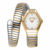 Γυναικείο ρολόι Just Cavalli Signature Snake Splora JC1L394M0055 με δίχρωμο ασημί-χρυσό μπρασελέ από ανοξείδωτο ατσάλι, ασημί εξάγωνο καντράν μεγέθους 22.5x28.5mm και λαμπερά ζιργκόν.