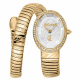 Γυναικείο ρολόι Just Cavalli Signature Snake Velina JC1L353M0025 με χρυσό μπρασελέ από ανοξείδωτο ατσάλι, ασημί οβάλ καντράν μεγέθους 22x31.5mm και χρυσή στεφάνη με λαμπερά ζιργκόν.