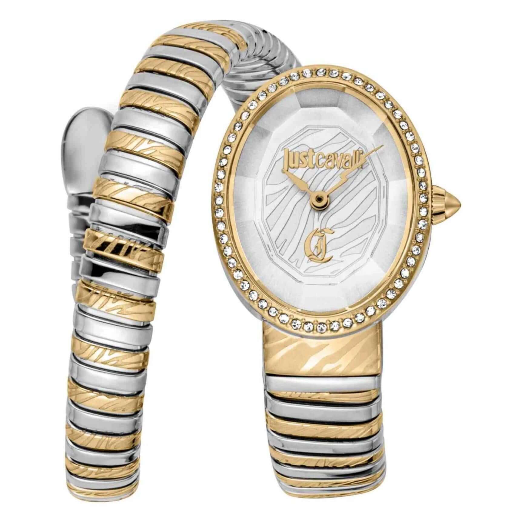Γυναικείο ρολόι Just Cavalli Signature Snake Velina JC1L353M0055 με δίχρωμο ασημί-χρυσό μπρασελέ από ανοξείδωτο ατσάλι, ασημί οβάλ καντράν μεγέθους 22x31.5mm και χρυσή στεφάνη με λαμπερά ζιργκόν.