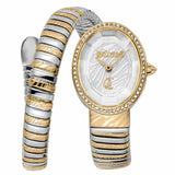 Γυναικείο ρολόι Just Cavalli Signature Snake Velina JC1L353M0055 με δίχρωμο ασημί-χρυσό μπρασελέ από ανοξείδωτο ατσάλι, ασημί οβάλ καντράν μεγέθους 22x31.5mm και χρυσή στεφάνη με λαμπερά ζιργκόν.
