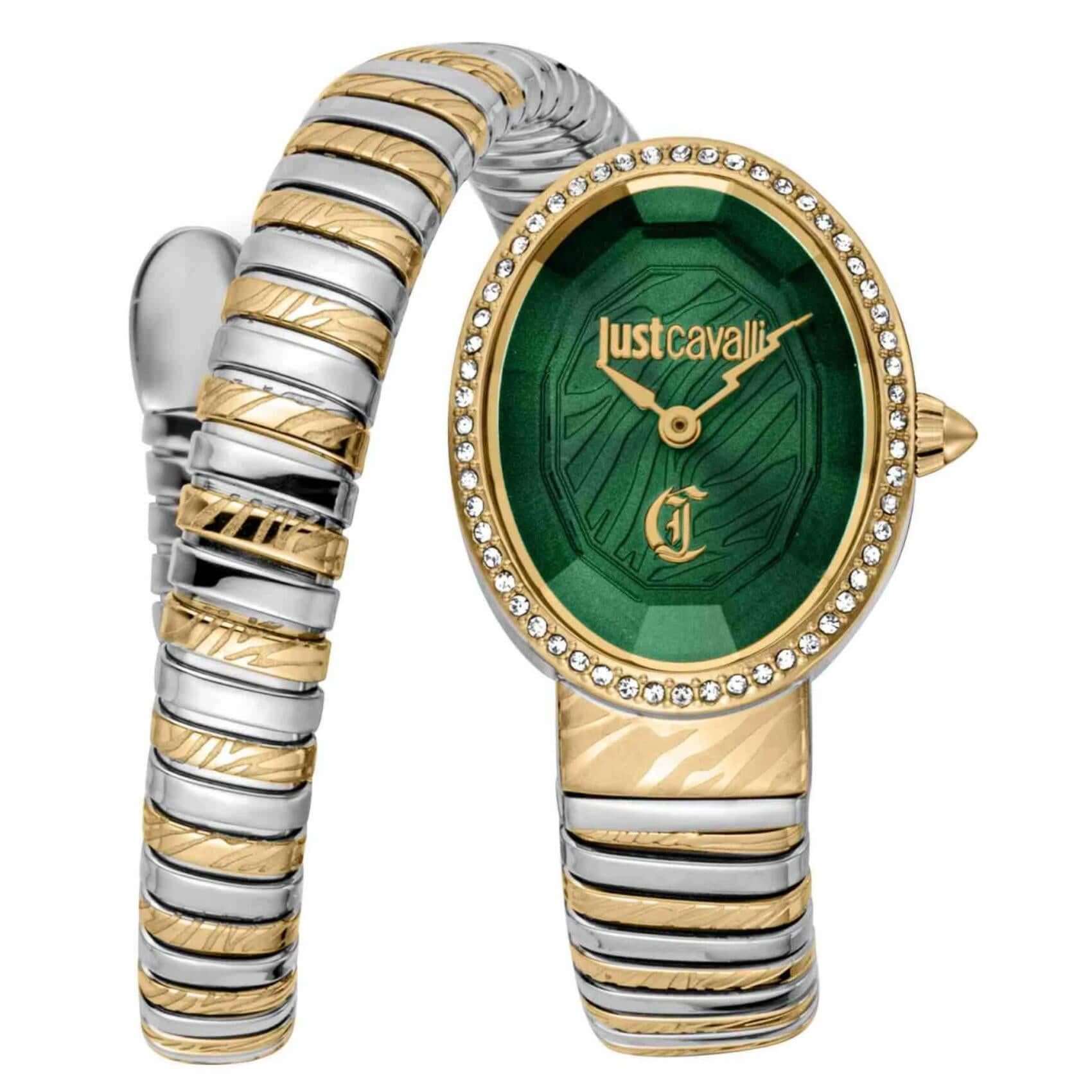 Γυναικείο ρολόι Just Cavalli Signature Snake Velina JC1L353M0065 με δίχρωμο ασημί-χρυσό μπρασελέ από ανοξείδωτο ατσάλι, πράσινο οβάλ καντράν μεγέθους 22x31.5mm και χρυσή στεφάνη με λαμπερά ζιργκόν.