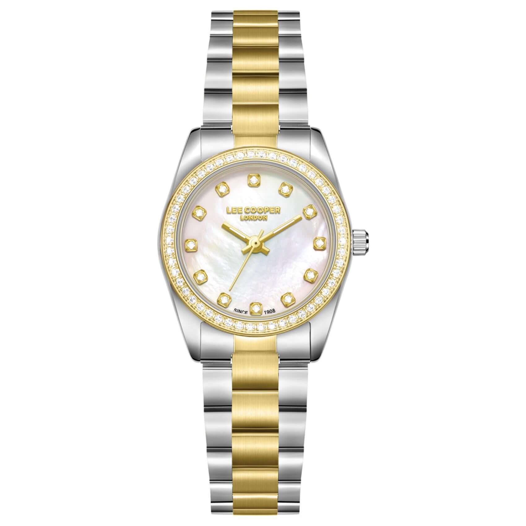 Γυναικείο ρολόι Lee Cooper Ladies LC08155.220 με δίχρωμο μπρασελέ και λευκό φίλντισι καντράν 26mm διακοσμημένο με ζιργκόν.