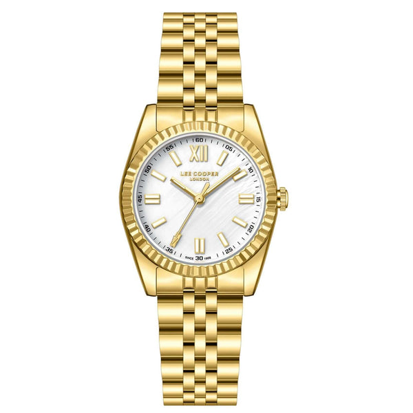 Γυναικείο ρολόι Lee Cooper Ladies LC08303.120 με χρυσό ατσάλινο μπρασελέ, λευκό φίλντισι καντράν και κάσα 30 mm σε στρογγυλό σχήμα.