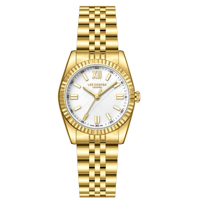 Γυναικείο ρολόι Lee Cooper Ladies LC08303.120 με χρυσό ατσάλινο μπρασελέ, λευκό φίλντισι καντράν και κάσα 30 mm σε στρογγυλό σχήμα.