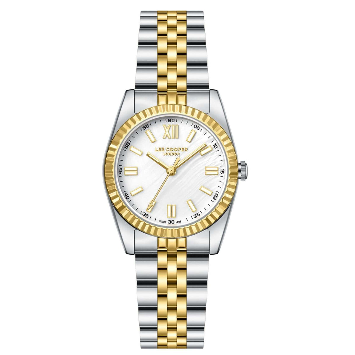 Γυναικείο ρολόι Lee Cooper Ladies LC08303.220 με δίχρωμο ατσάλινο μπρασελέ, λευκό φίλντισι καντράν και κάσα 30 mm σε στρογγυλό σχήμα.
