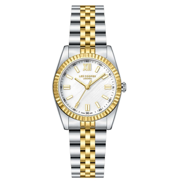 Γυναικείο ρολόι Lee Cooper Ladies LC08303.220 με δίχρωμο ατσάλινο μπρασελέ, λευκό φίλντισι καντράν και κάσα 30 mm σε στρογγυλό σχήμα.