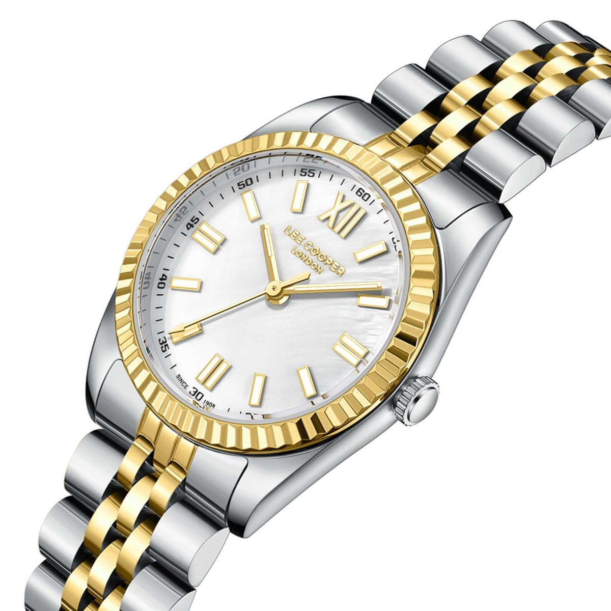 Καντράν από γυναικείο ρολόι Lee Cooper Ladies LC08303.220 σε λευκό φίλντισι με χρυσούς δείκτες και κάσα 30 mm σε στρογγυλό σχήμα.