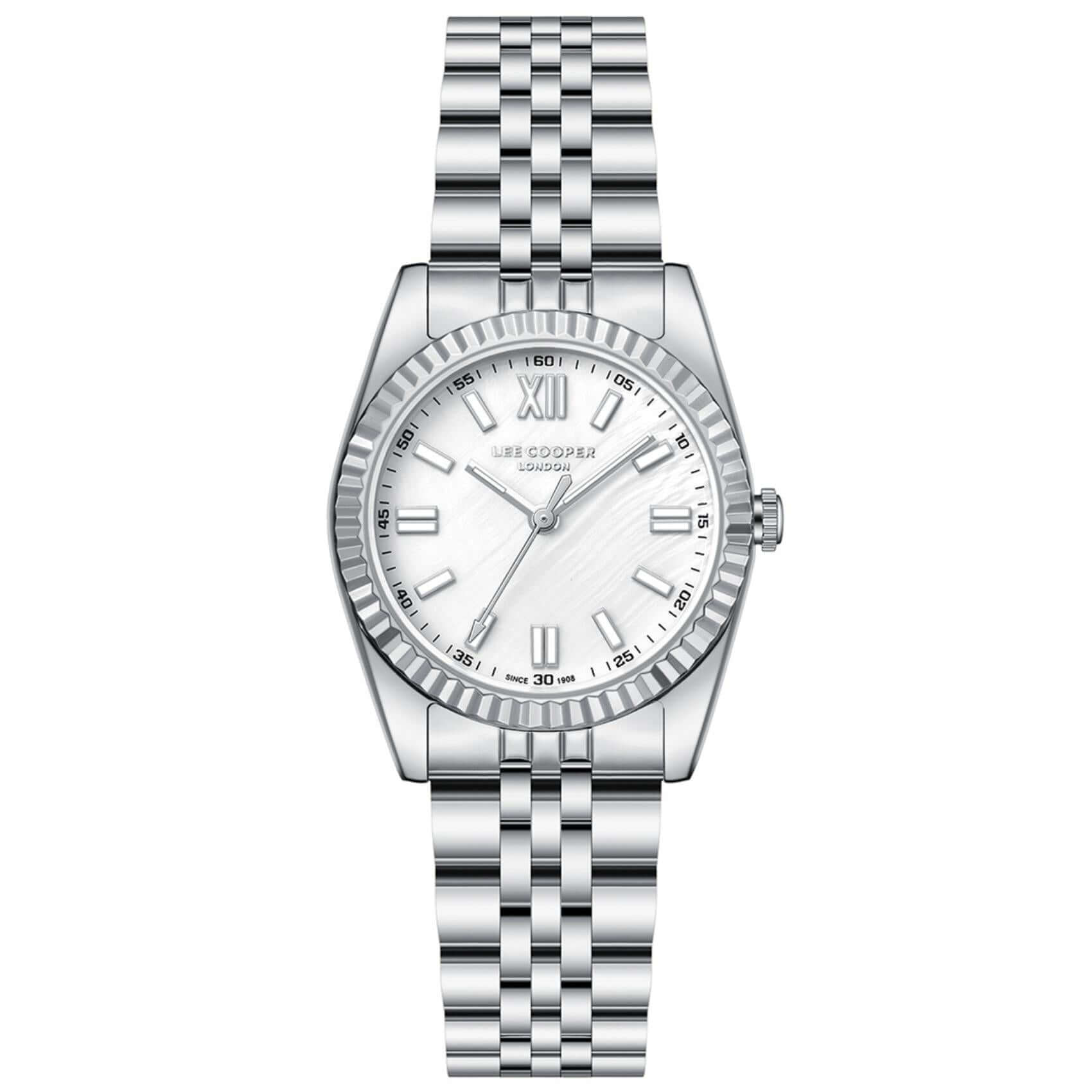 Γυναικείο ρολόι Lee Cooper Ladies LC08303.320 με ασημί ατσάλινο μπρασελέ, λευκό φίλντισι καντράν και κάσα 30 mm σε στρογγυλό σχήμα.