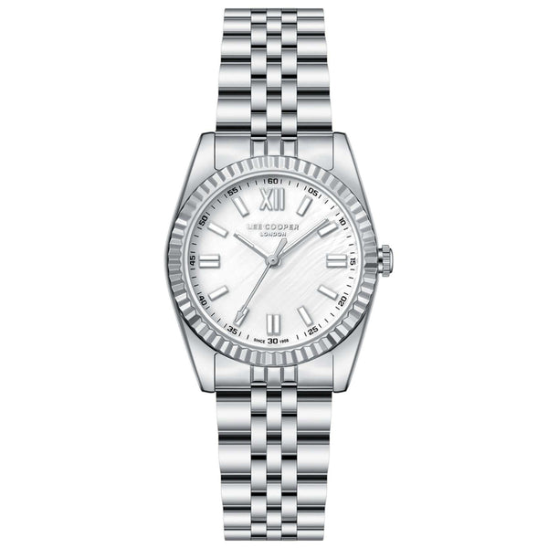Γυναικείο ρολόι Lee Cooper Ladies LC08303.320 με ασημί ατσάλινο μπρασελέ, λευκό φίλντισι καντράν και κάσα 30 mm σε στρογγυλό σχήμα.