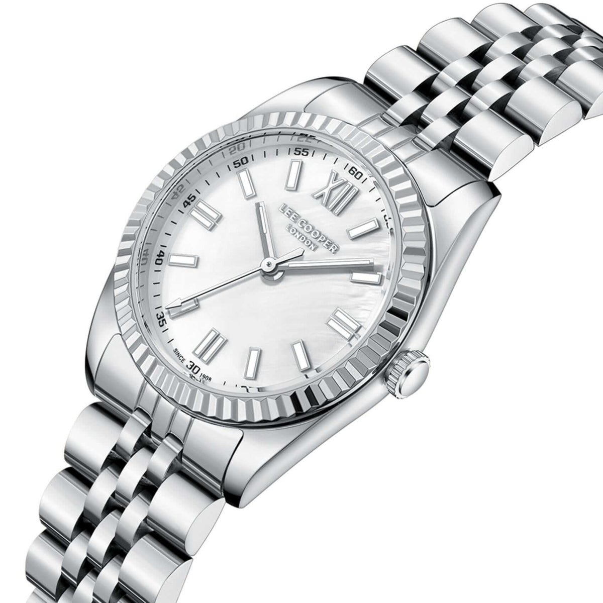 Καντράν από γυναικείο ρολόι Lee Cooper Ladies LC08303.320 σε λευκό φίλντισι με ασημί δείκτες και κάσα 30 mm σε στρογγυλό σχήμα.