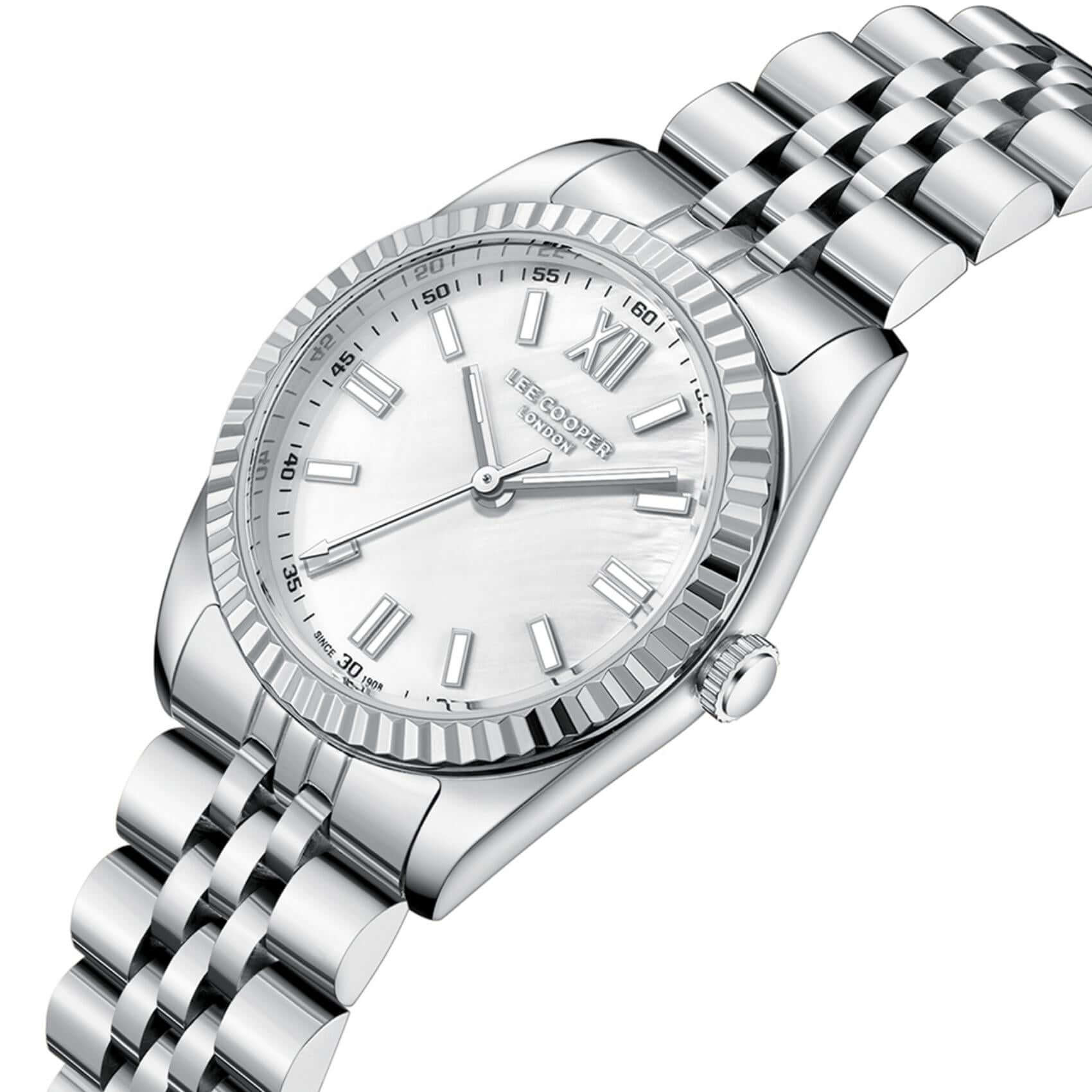 Καντράν από γυναικείο ρολόι Lee Cooper Ladies LC08303.320 σε λευκό φίλντισι με ασημί δείκτες και κάσα 30 mm σε στρογγυλό σχήμα.