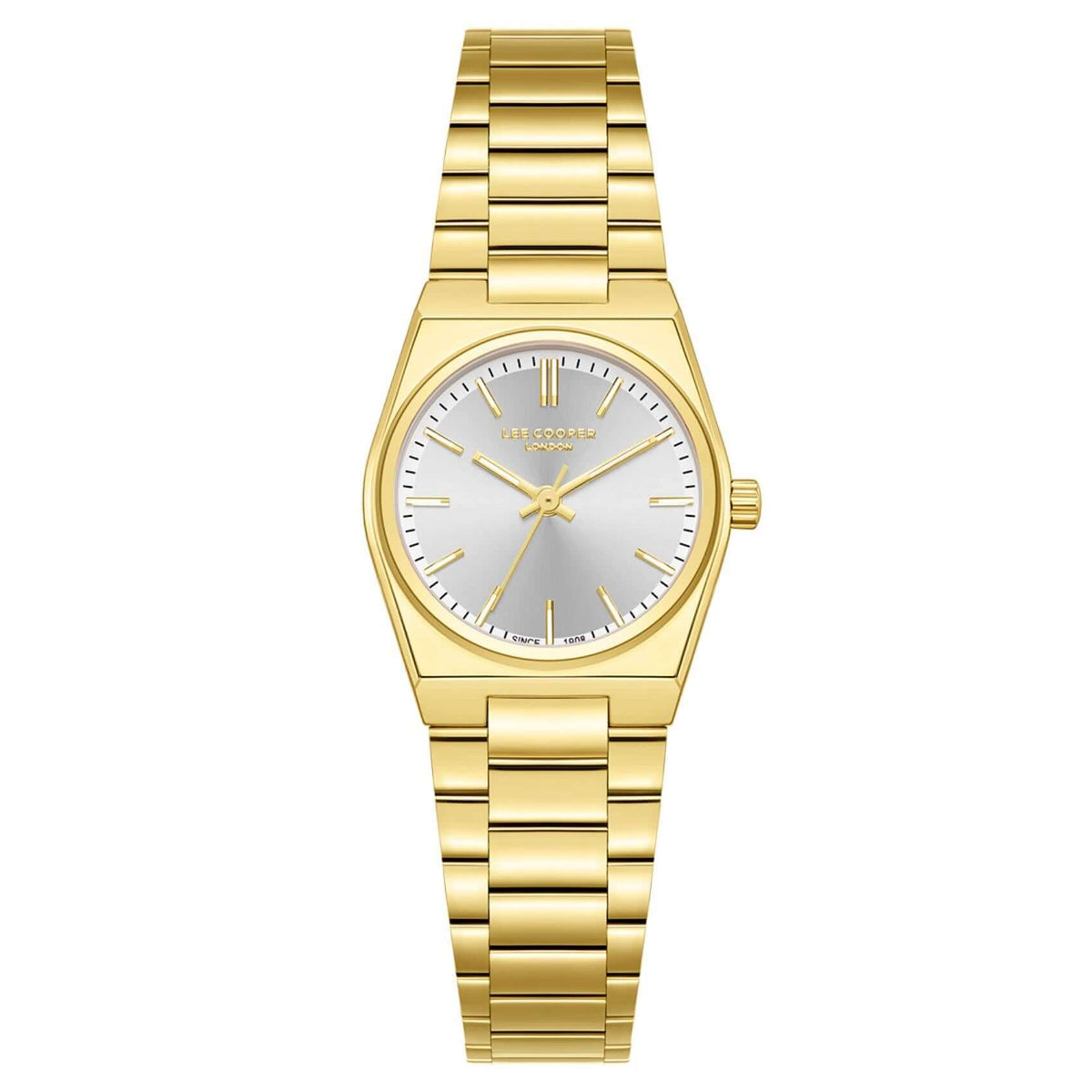 Γυναικείο ρολόι Lee Cooper Ladies LC08362.130 με χρυσό ατσάλινο μπρασελέ, ασημί καντράν και κάσα 25 mm σε στρογγυλό σχήμα.