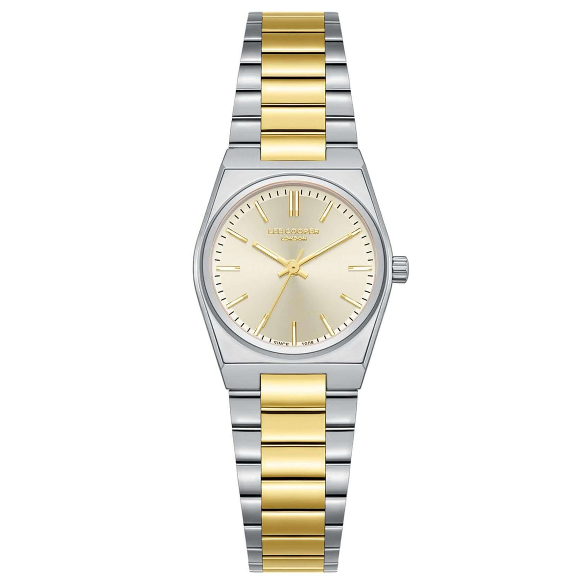 Γυναικείο ρολόι Lee Cooper Ladies LC08362.210 με δίχρωμο μπρασελέ και χρυσό καντράν 25mm με χρυσούς δείκτες.