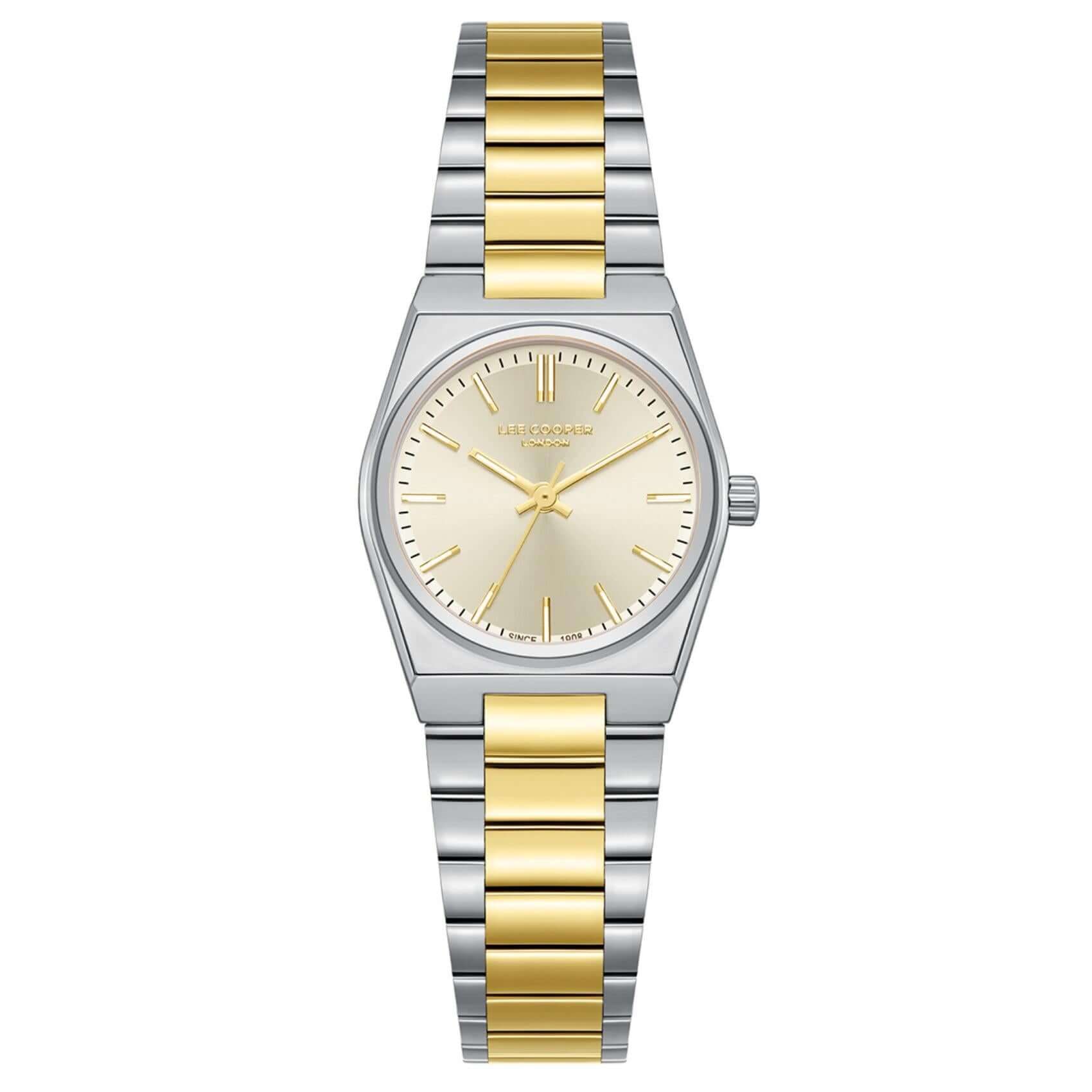 Γυναικείο ρολόι Lee Cooper Ladies LC08362.210 με δίχρωμο μπρασελέ και χρυσό καντράν 25mm με χρυσούς δείκτες.