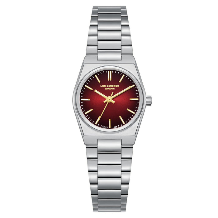 Γυναικείο ρολόι Lee Cooper Ladies LC08362.380 με ασημί ατσάλινο μπρασελέ, κόκκινο-μαύρο καντράν και κάσα 25 mm σε στρογγυλό σχήμα.