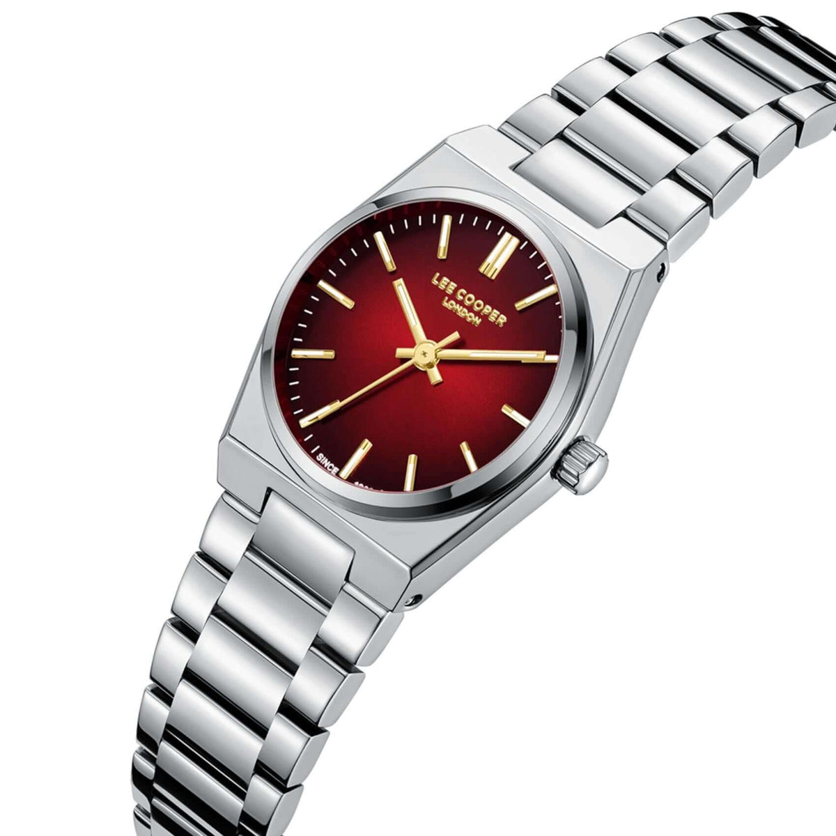 Καντράν από γυναικείο ρολόι Lee Cooper Ladies LC08362.380 σε κόκκινο-μαύρο χρώμα με χρυσούς δείκτες και κάσα 25 mm σε στρογγυλό σχήμα.