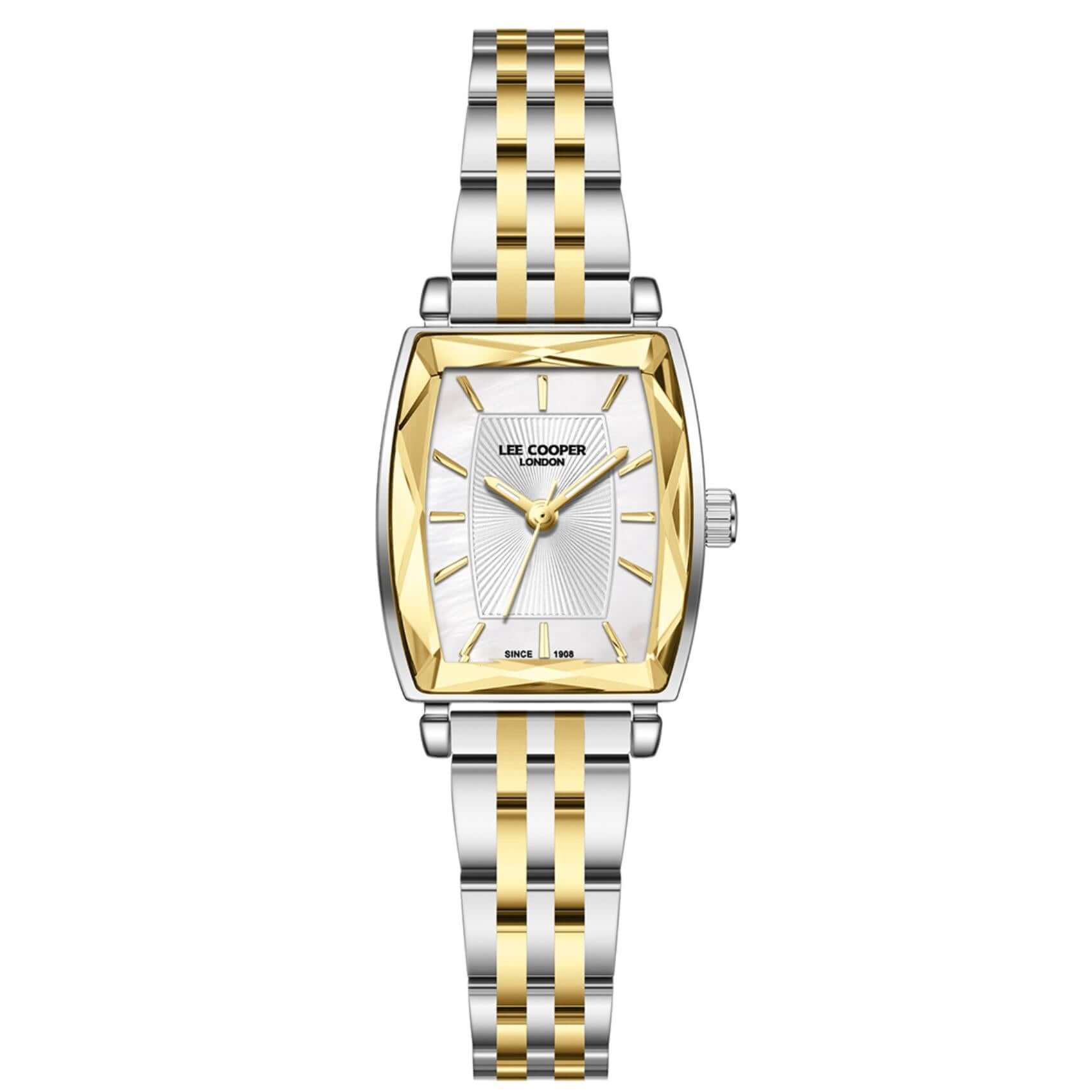 Γυναικείο ρολόι Lee Cooper Ladies LC08370.220 με δίχρωμο μπρασελέ και ασημί τετράγωνο καντράν 22.1mm με χρυσούς δείκτες.