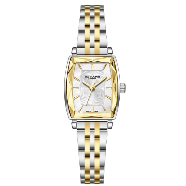 Γυναικείο ρολόι Lee Cooper Ladies LC08370.220 με δίχρωμο μπρασελέ και ασημί τετράγωνο καντράν 22.1mm με χρυσούς δείκτες.