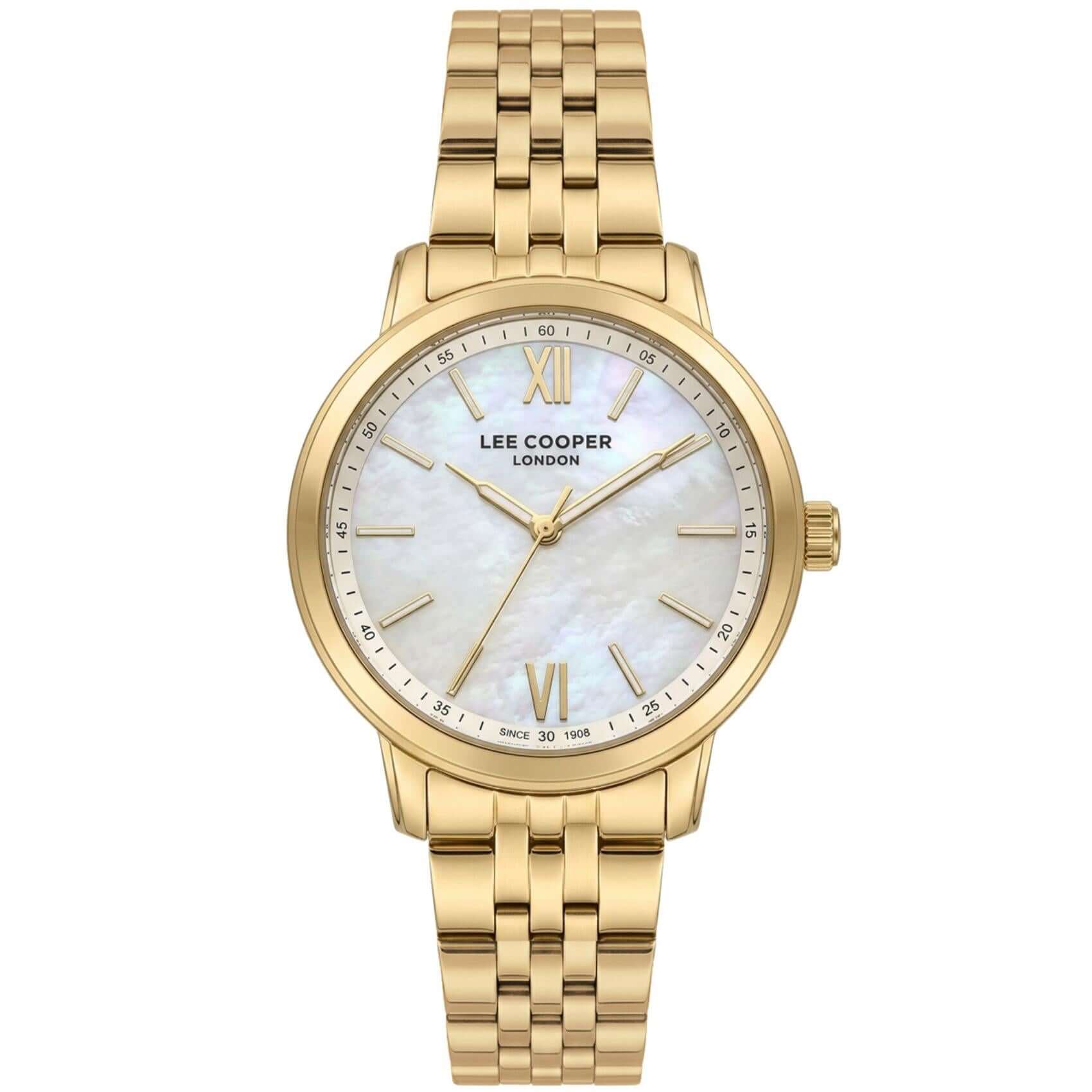 Γυναικείο ρολόι Lee Cooper Ladies LC08371.120 με χρυσό μπρασελέ και λευκό φίλντισι καντράν 32mm.